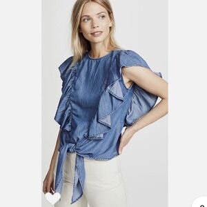 FRAME Denim Ruffle Tie Front Shirt Blue Chambray Button Front Size S